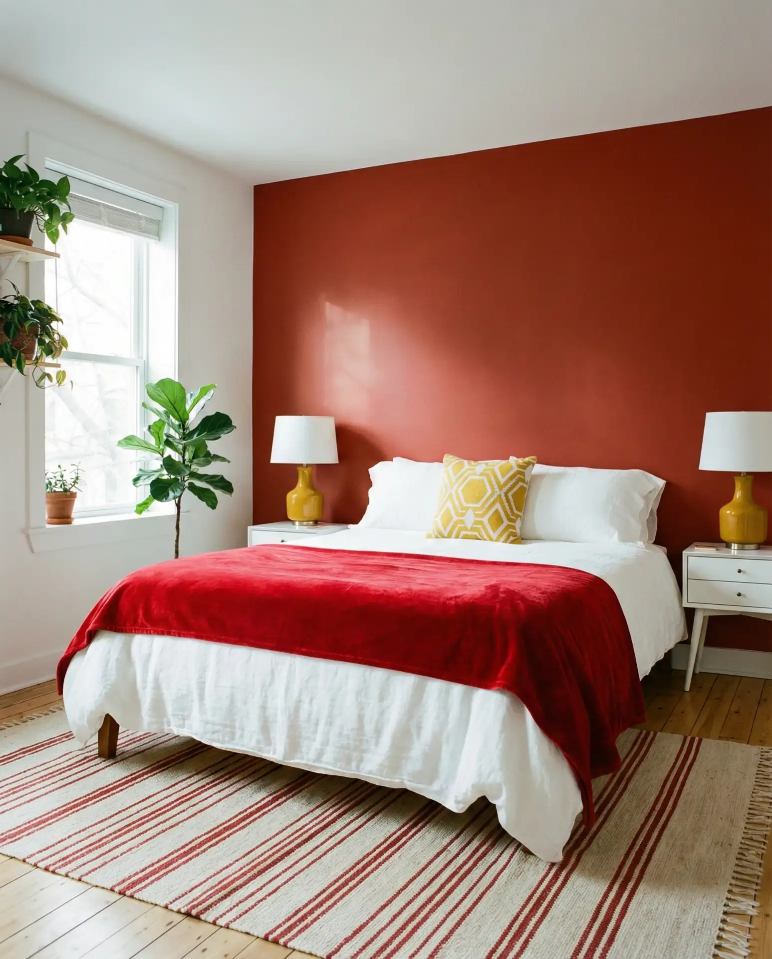 Red and White Bedroom with Bold Yellow Accents 1