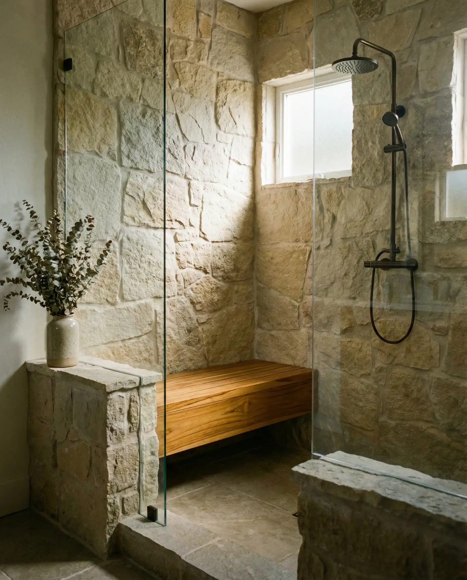 Rustic Bench Shower in a Master Bath with Warm Wood 1