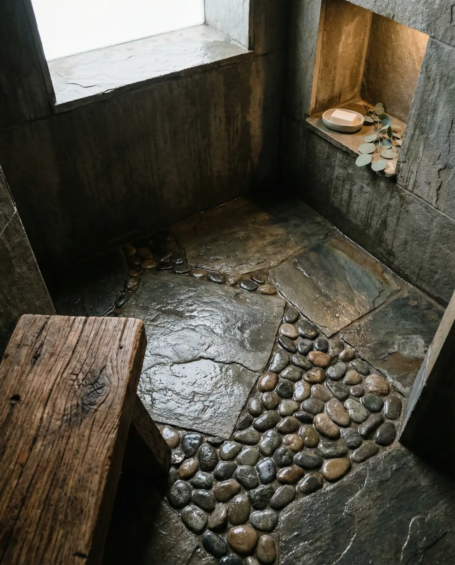 Rustic Stone Shower with Wooden Bench 1