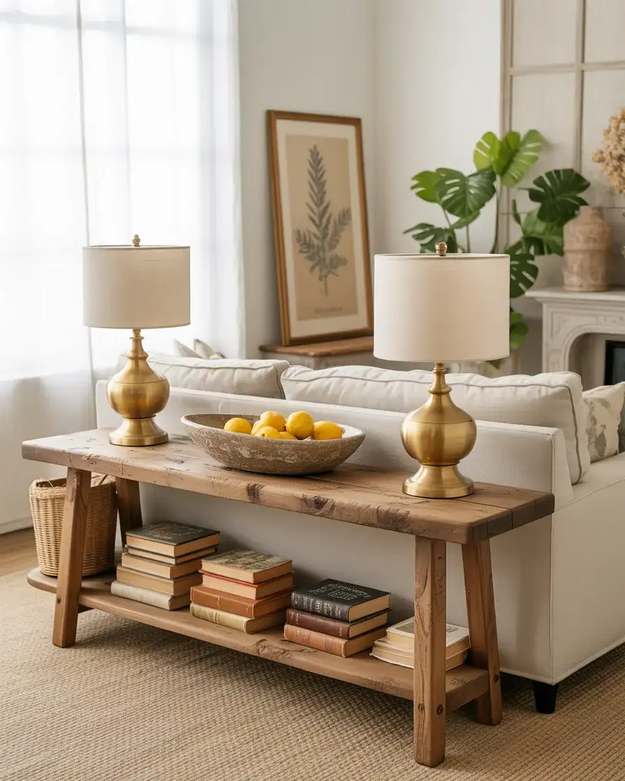 Rustic Wood Console Behind Sofa 1