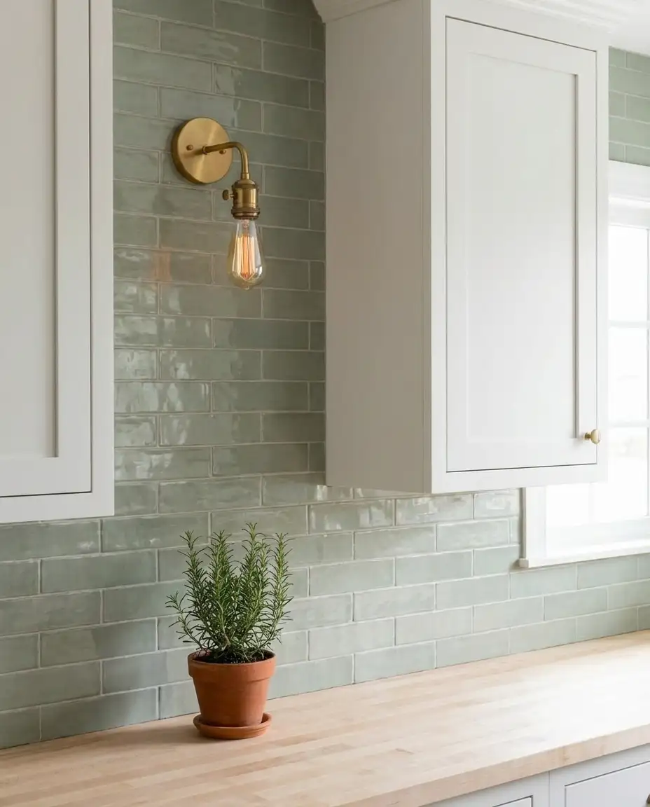Sage Green Backsplash Tiles with White Cabinets 1