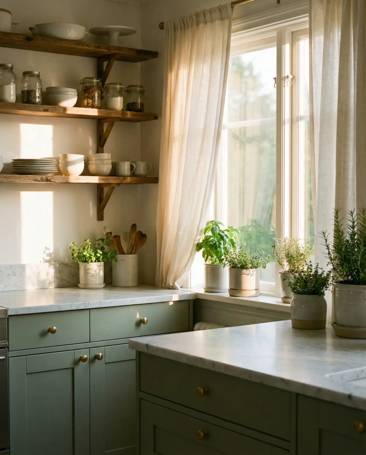Sage Green Cabinetry with Brushed Brass Hardware 1