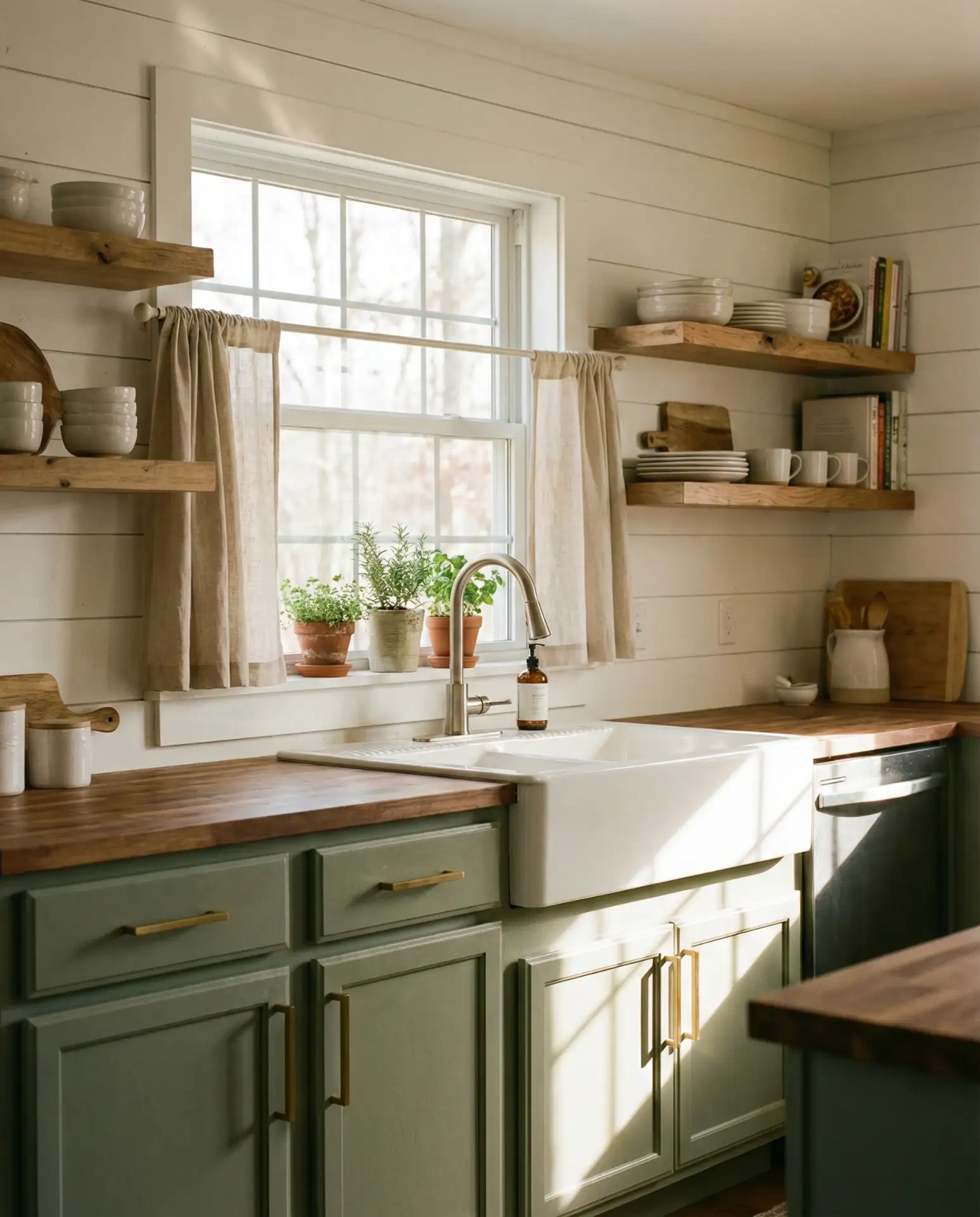 Sage Green Farmhouse Cabinets with Brushed Gold Hardware 1