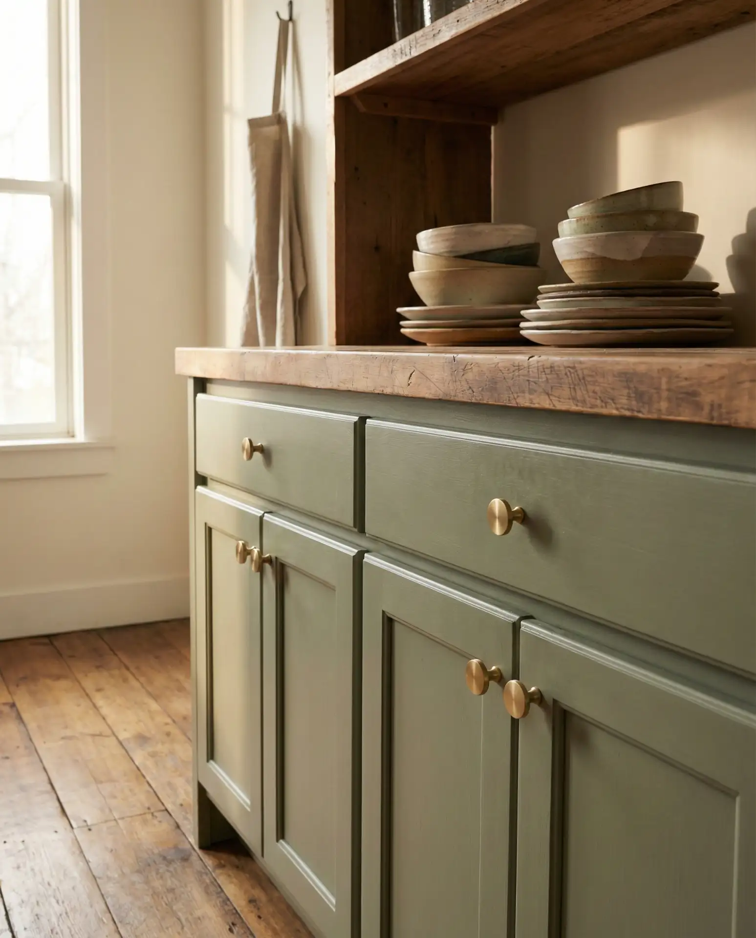 Sage Green Farmhouse Cabinets with Brushed Gold Hardware 2