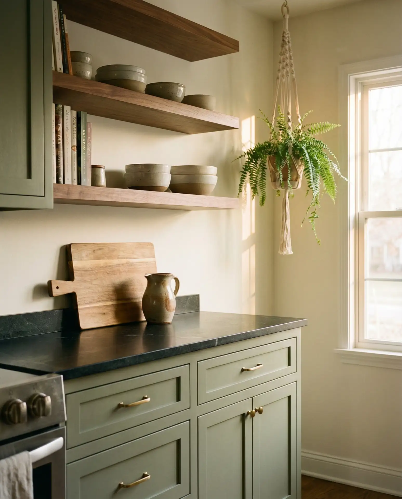 Sage Green Kitchen with Black Countertops and Wood Elements 1