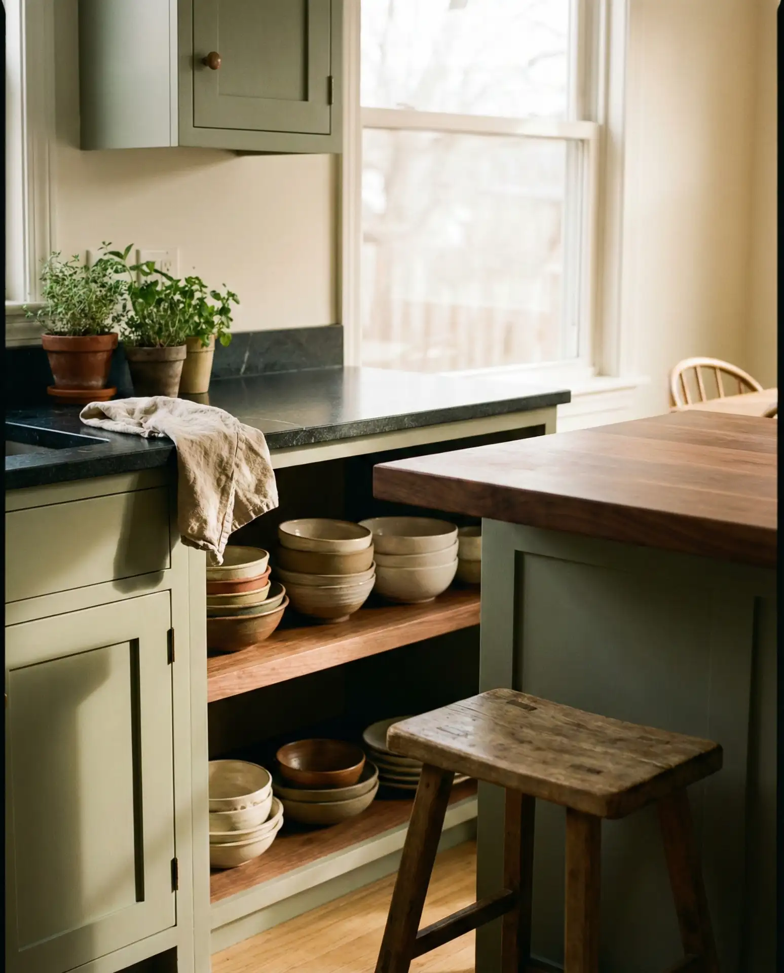 Sage Green Kitchen with Black Countertops and Wood Elements 2
