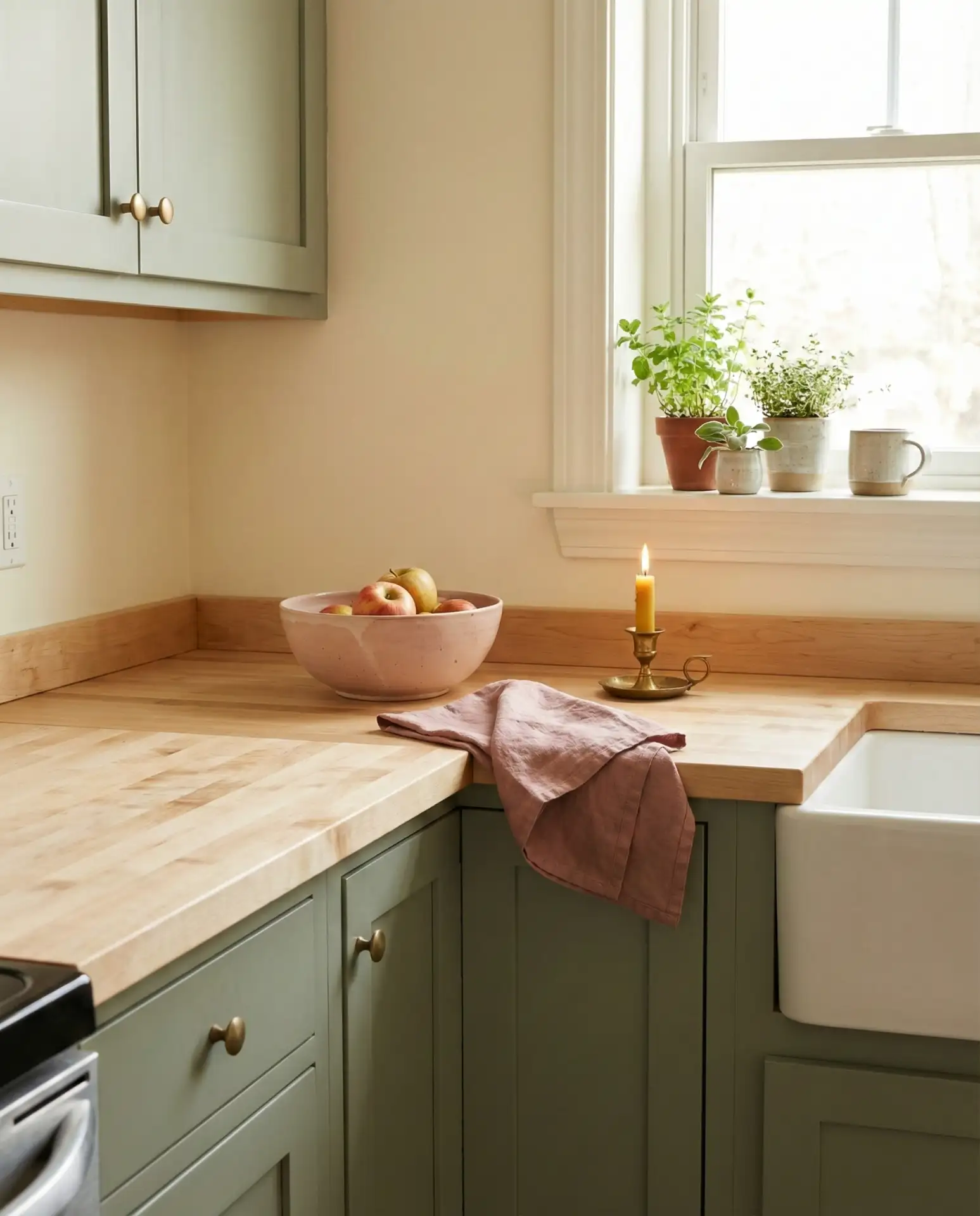 Sage Green Kitchen with Butcher Block and Blush Pink Details 1
