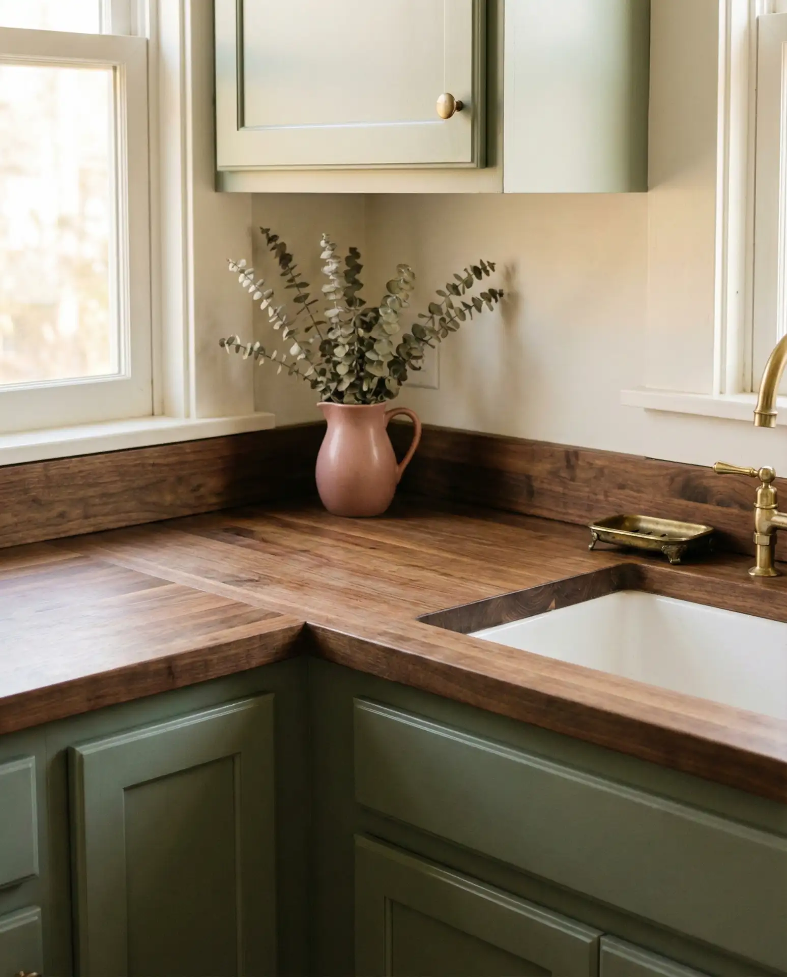 Sage Green Kitchen with Butcher Block and Blush Pink Details 2