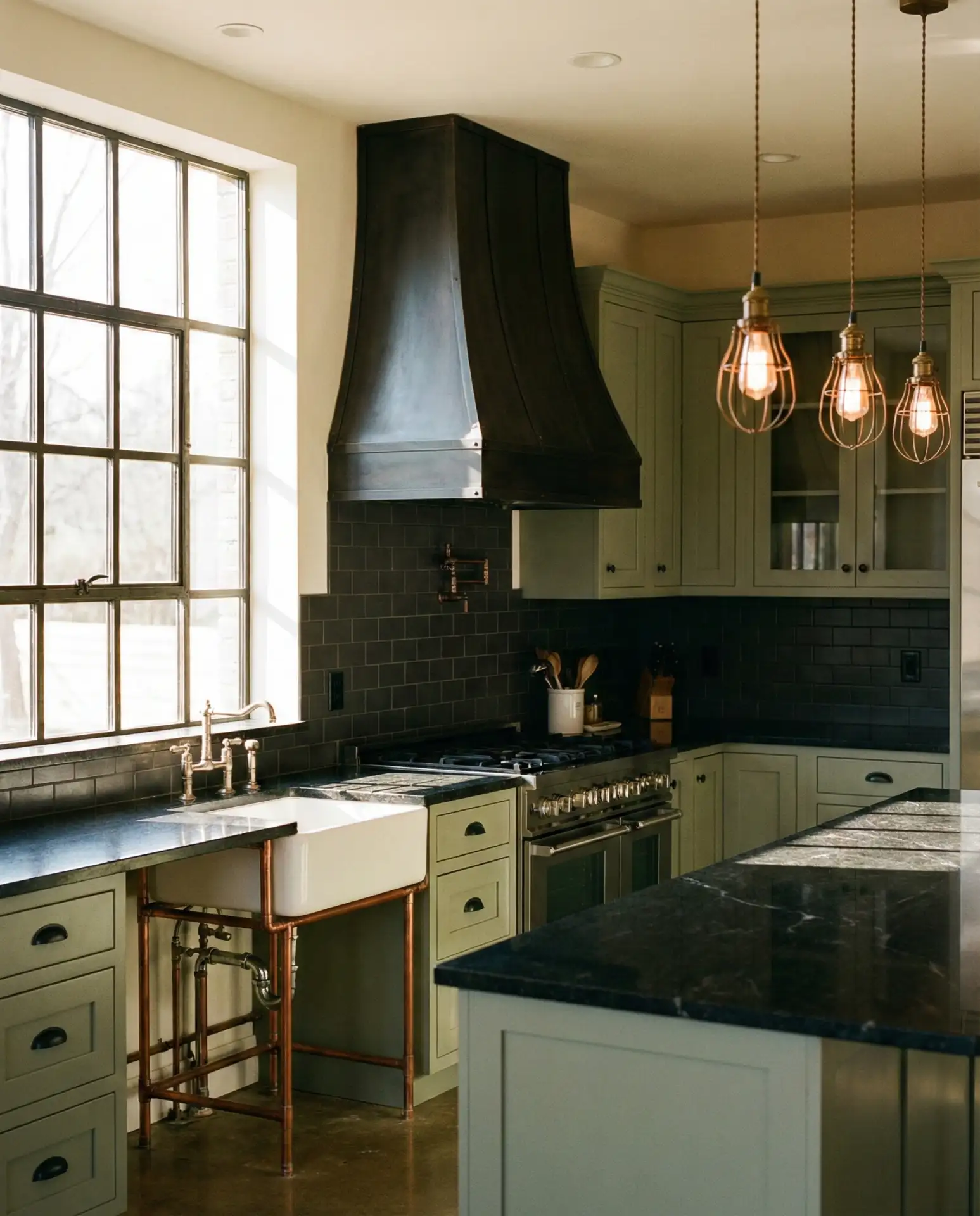 Sage Green Kitchen with Industrial Appliances 1