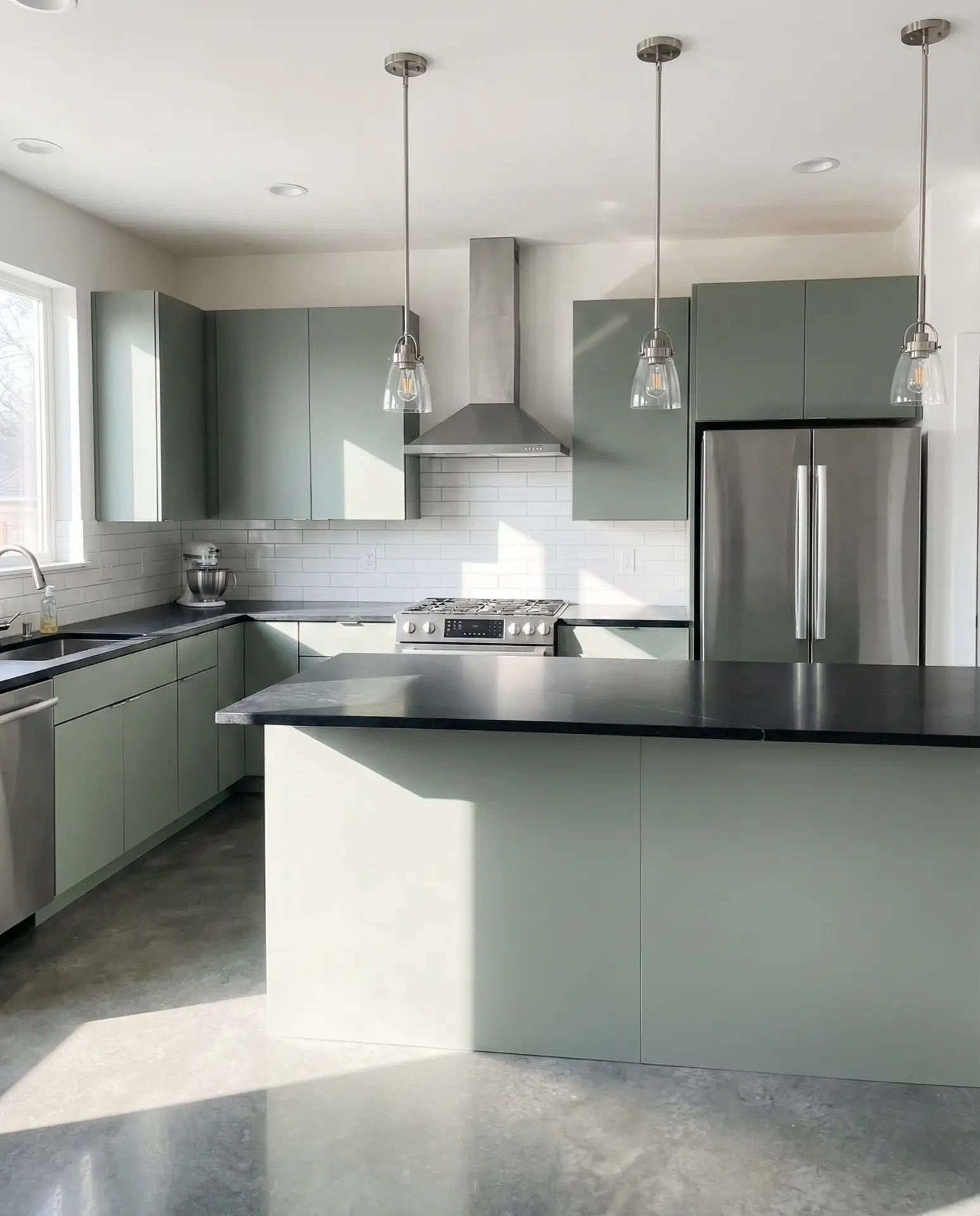 Sage Green Kitchen with Stainless Steel Appliances 1