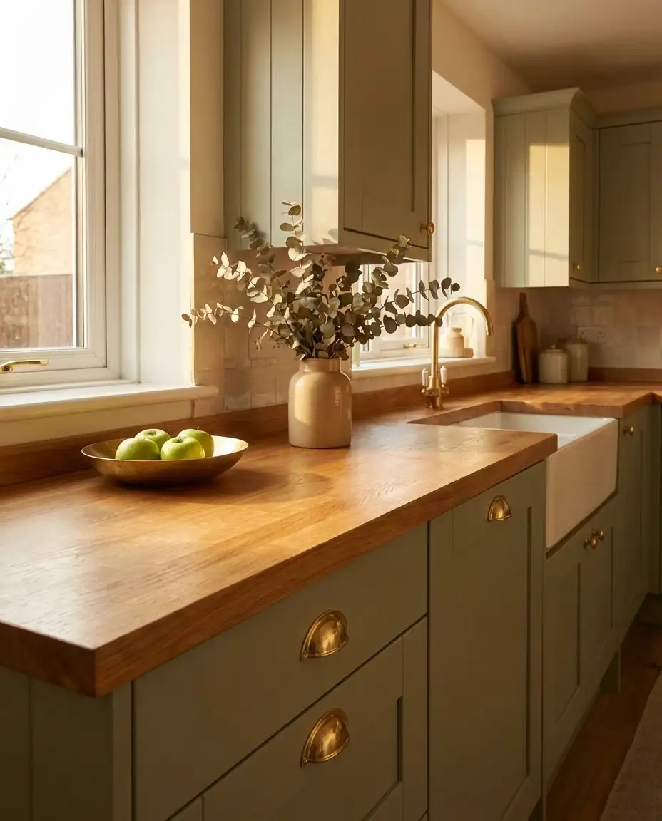 Sage Green Kitchen with Wooden Worktop and Brass Details 2