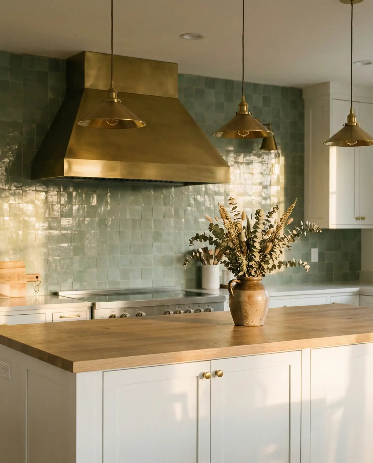 Sage Green Tiles and Brass Kitchen Design 1
