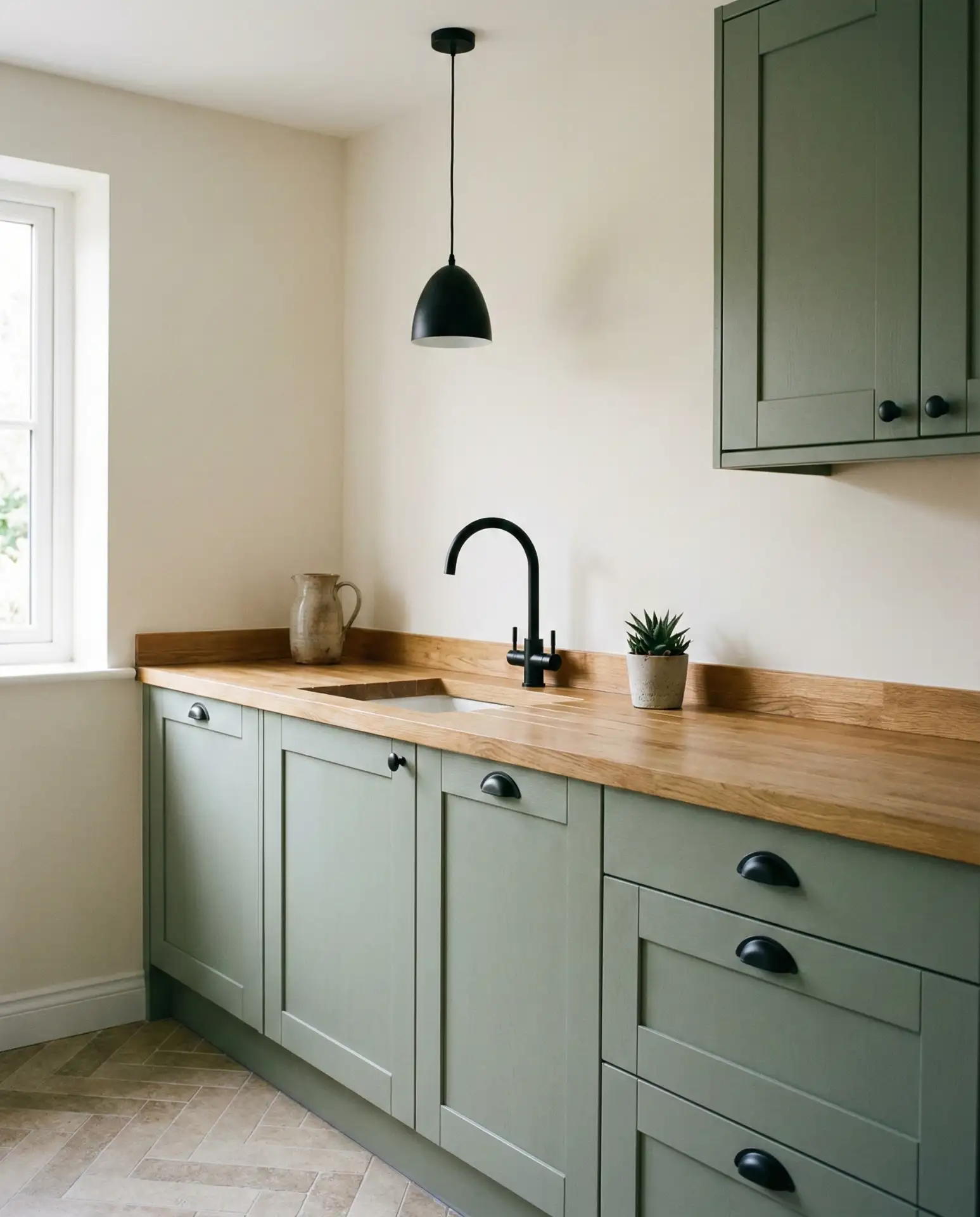 Sage Green Wooden Worktop Kitchen with Matte Black Fixtures 2