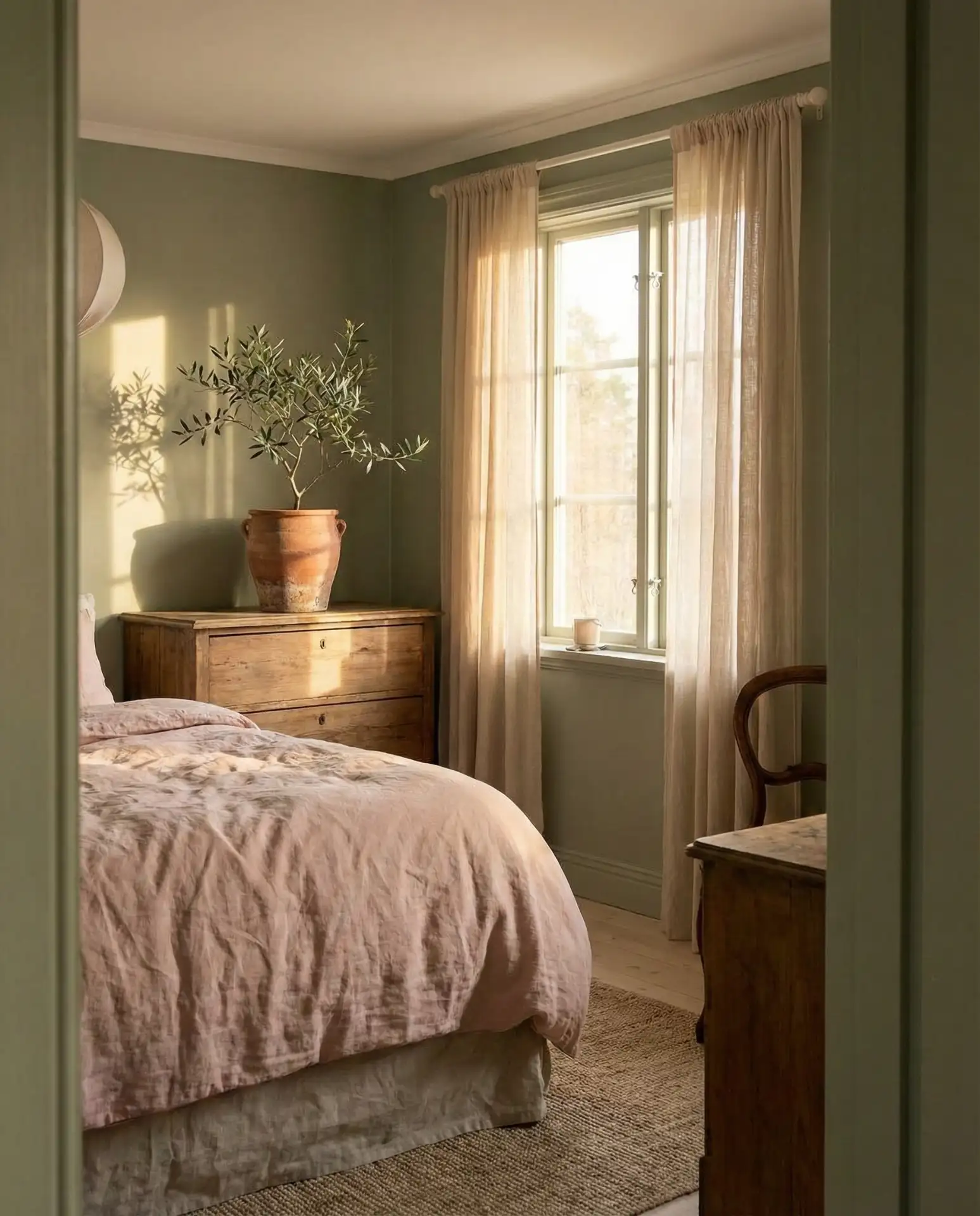 Sage Green and Pink Bedroom with Muted Depth 1