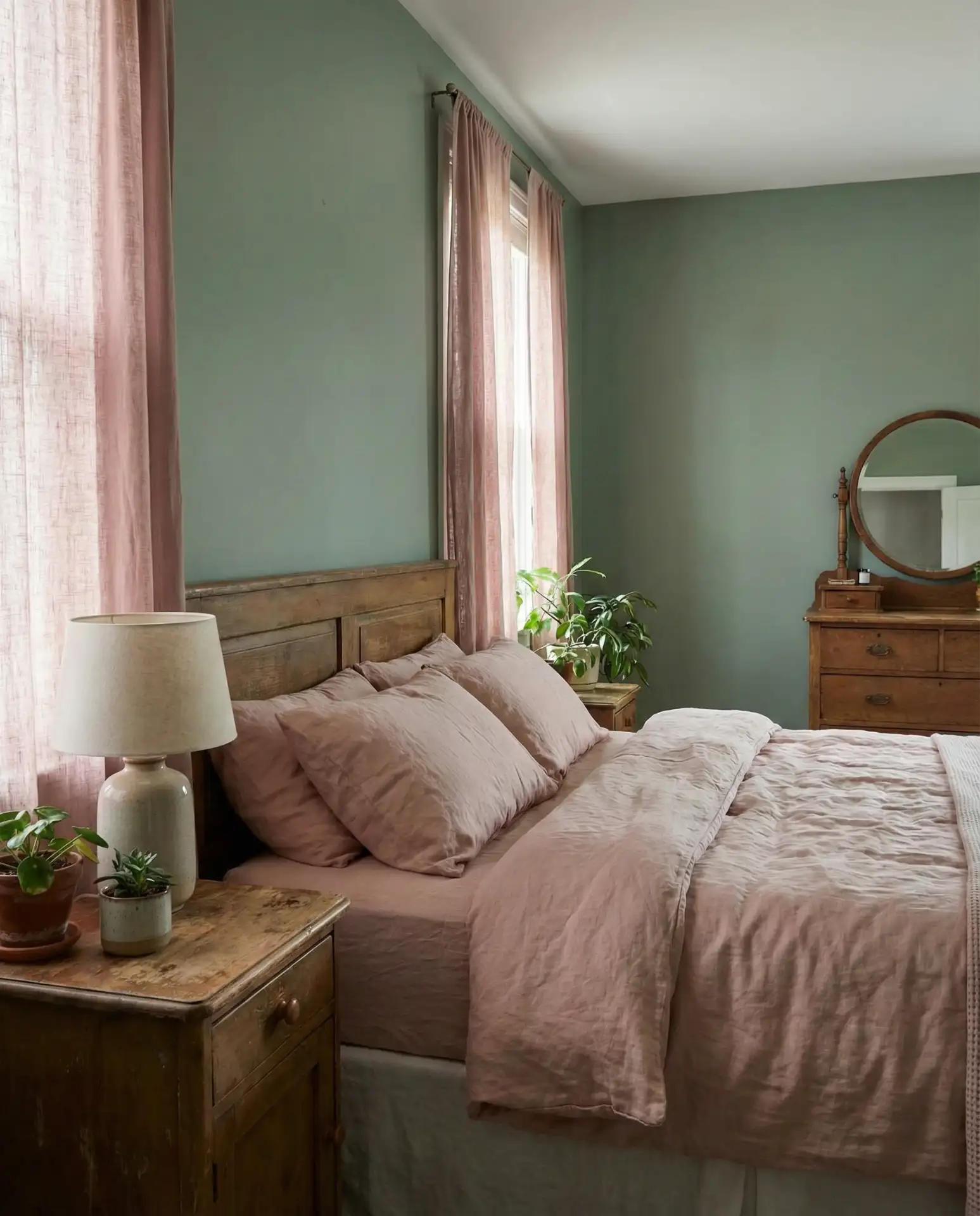 Sage Green and Pink Bedroom with Muted Depth 2