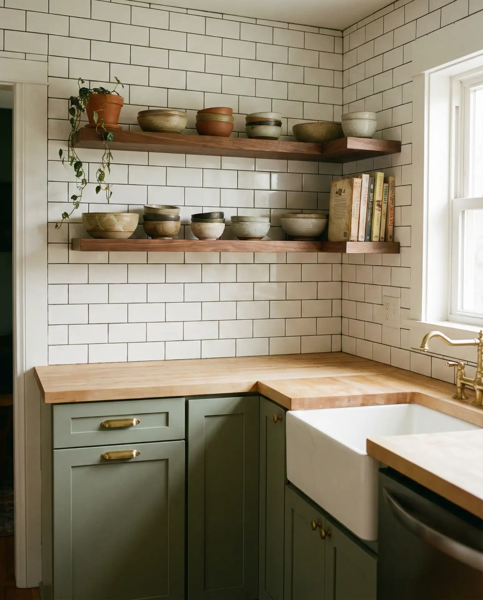 Sage Green and Wood Kitchen with Open Shelving 1