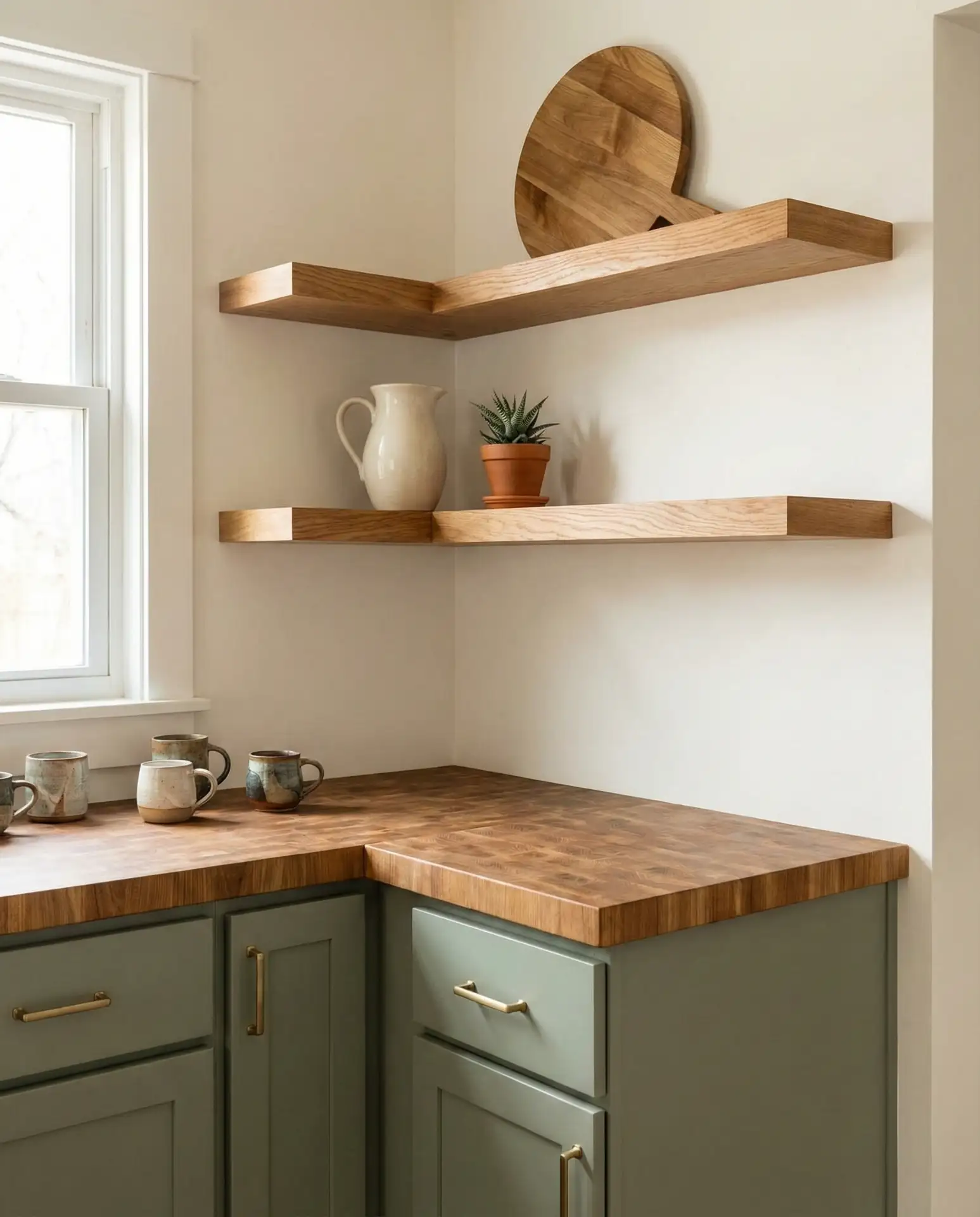 Sage Green and Wood Kitchen with Open Shelving 2