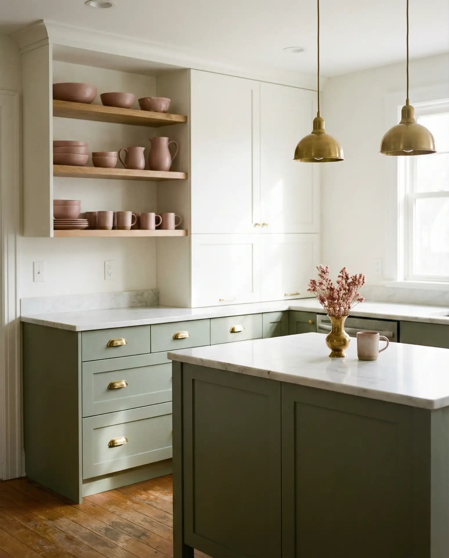 Sage and Pink Kitchen with Brass Accents 2