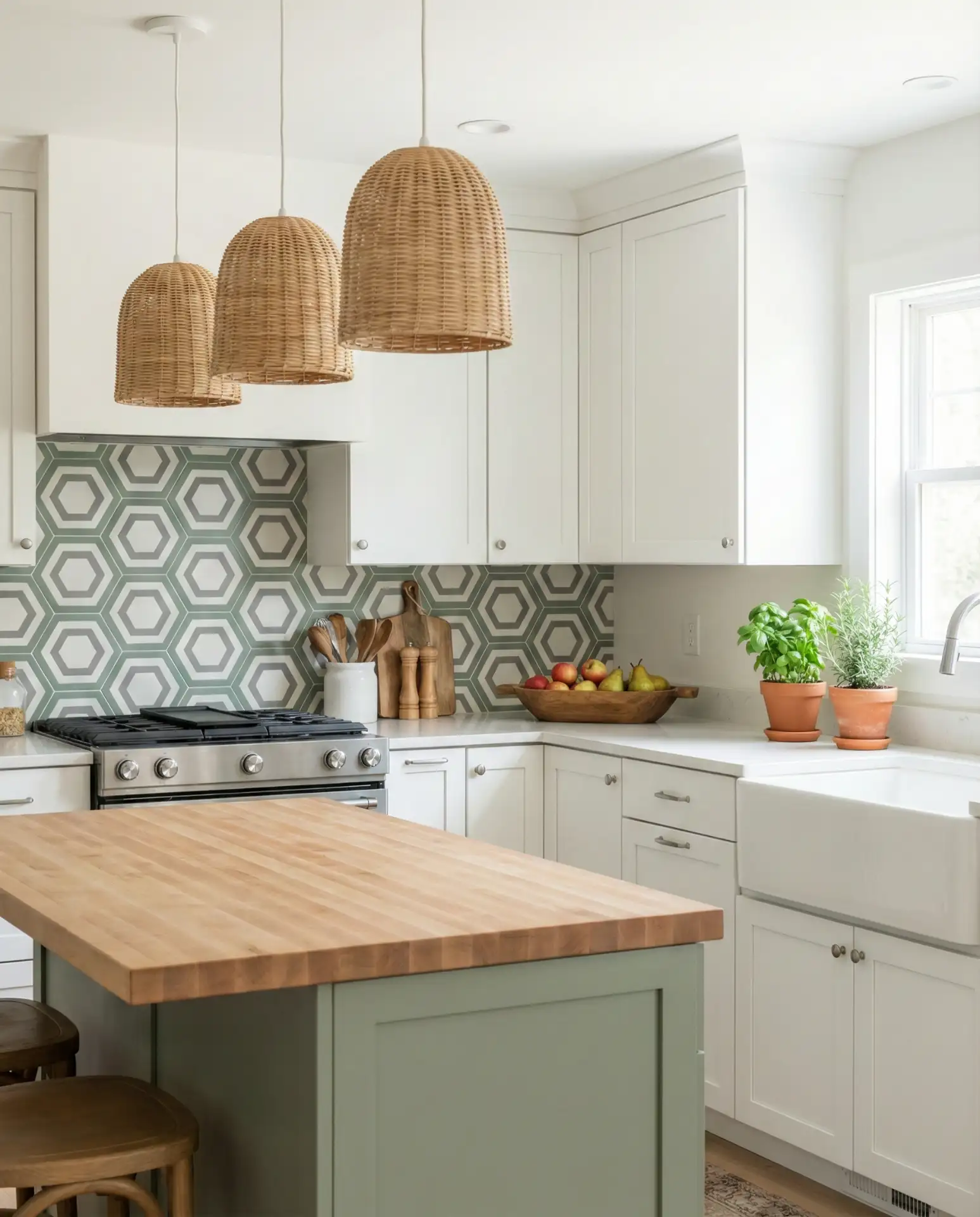 Sage and White Kitchen with Geometric Tile 1