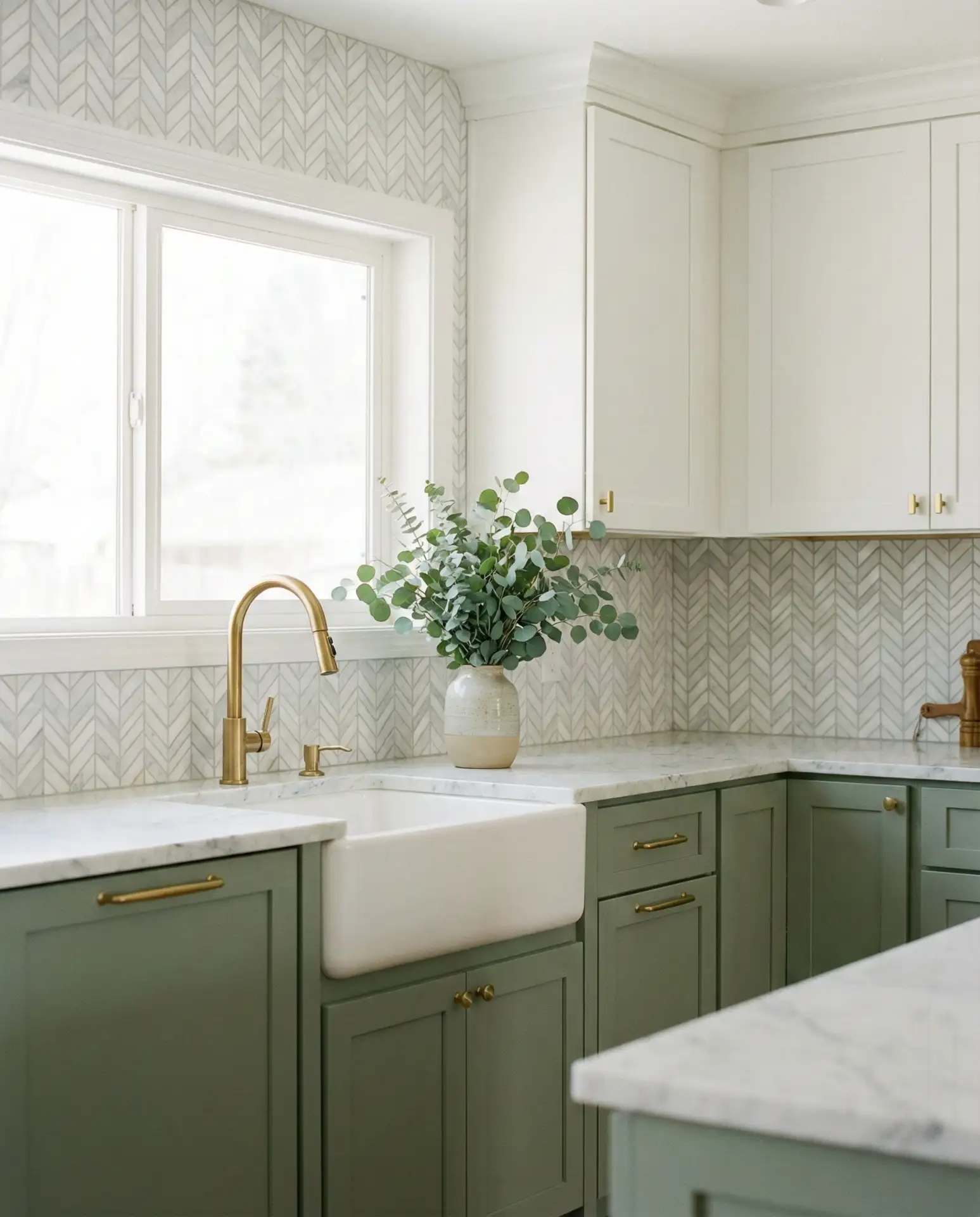 Sage and White Kitchen with Geometric Tile 2
