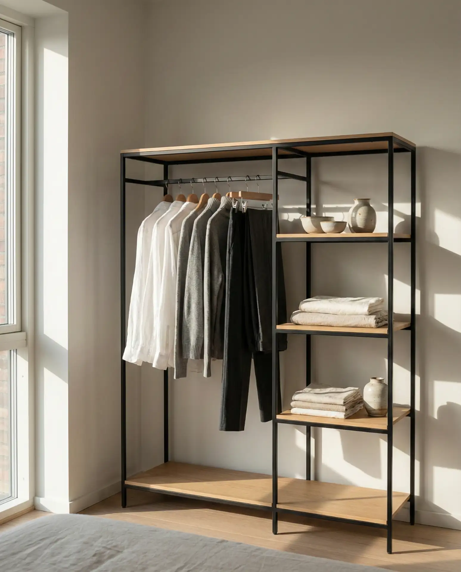 Scandi-Style Minimalist Wardrobe with Open Rail and Shelving 1