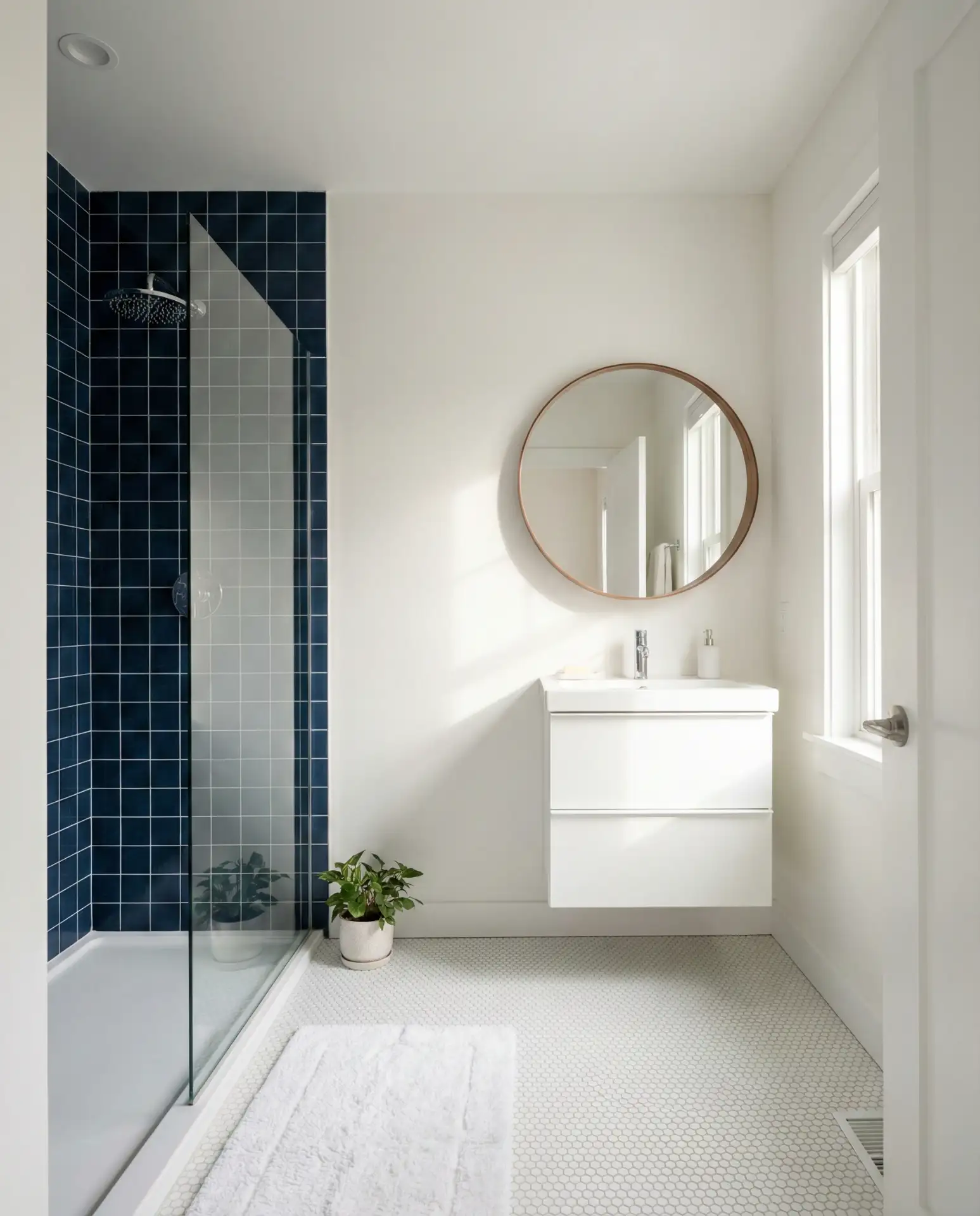 Small Bathroom Walk-In Shower in Blue and Dark Tones 2