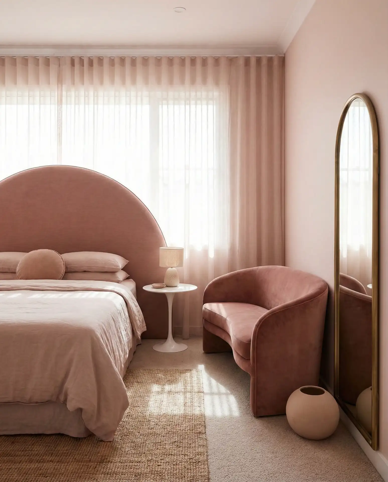 Soft Pink Bedroom with Curved Furniture and Arched Details 2