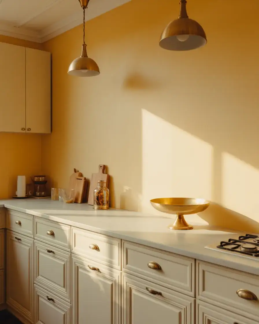 Soft Yellow Kitchen With Brass Accessories 1