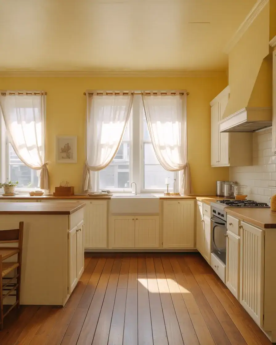 Soft Yellow Walls With White Cabinets and Wood Floors 1
