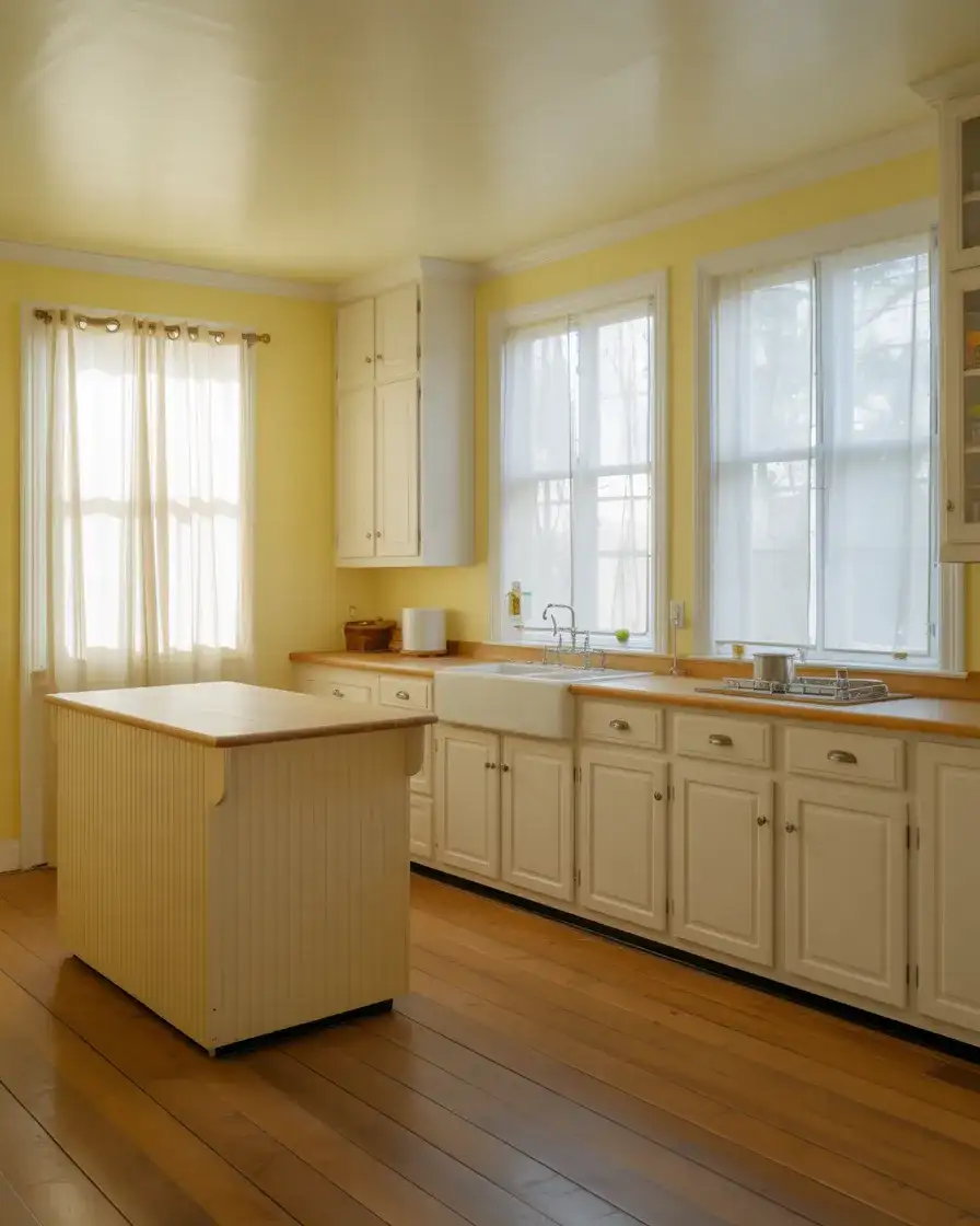 Soft Yellow Walls With White Cabinets and Wood Floors 2