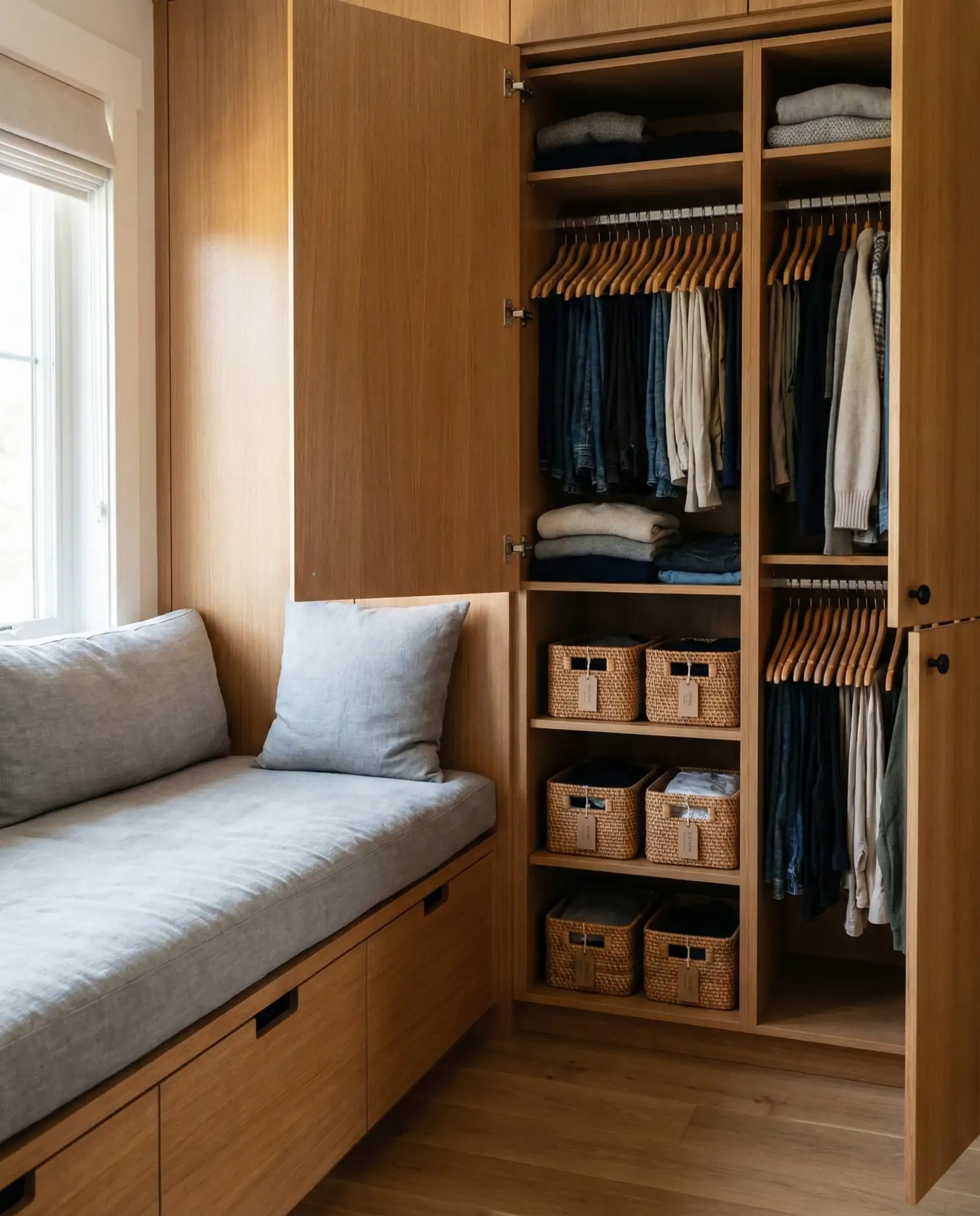 The Bedroom with a Built-In Bench and Closet Organizer 1