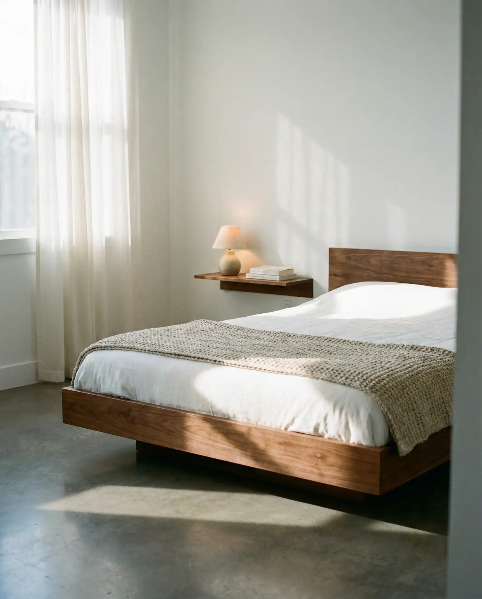 The Floating Bed with a Minimalist Wall Shelf System 1