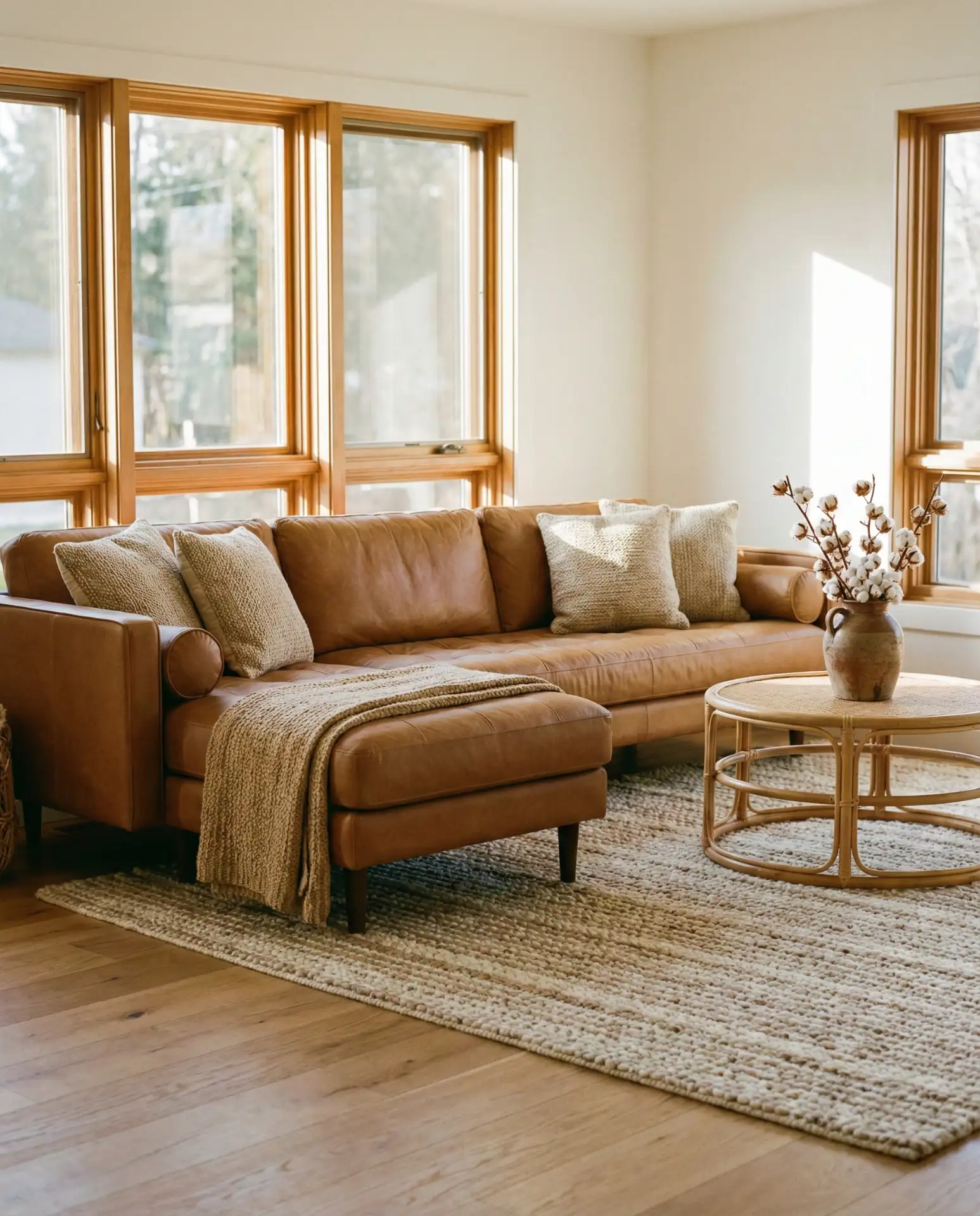 The Leather Sectional with Beige Woven Accents 1