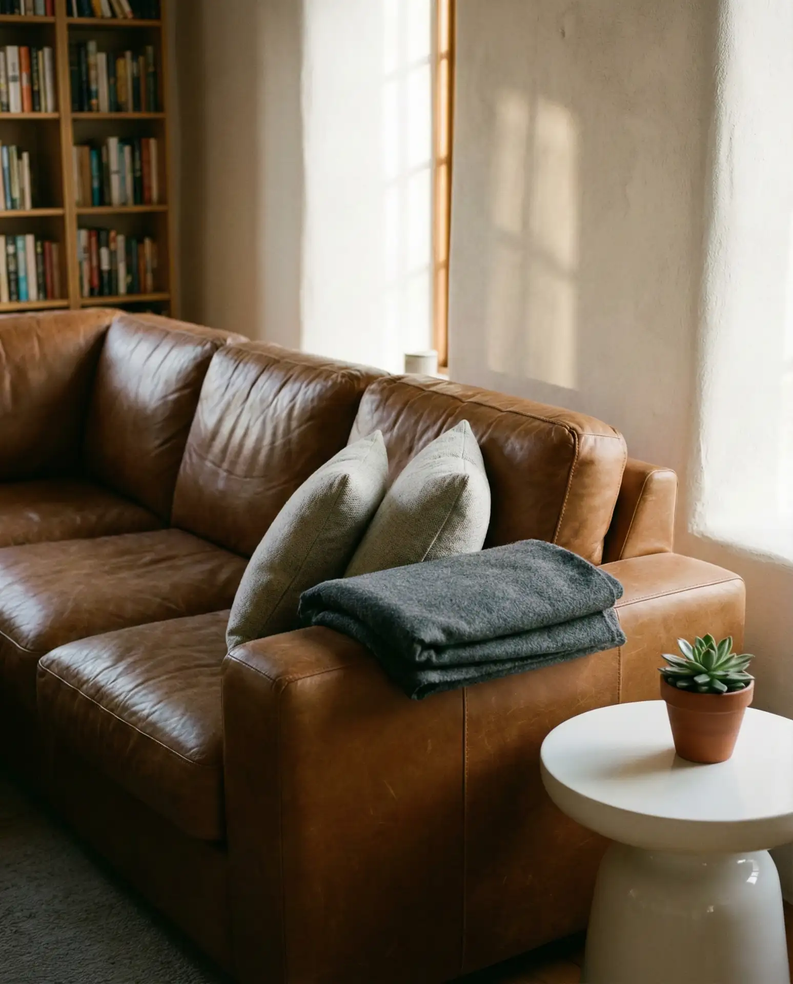 The Warm Brown Leather Sectional with Light Grey Accents 2