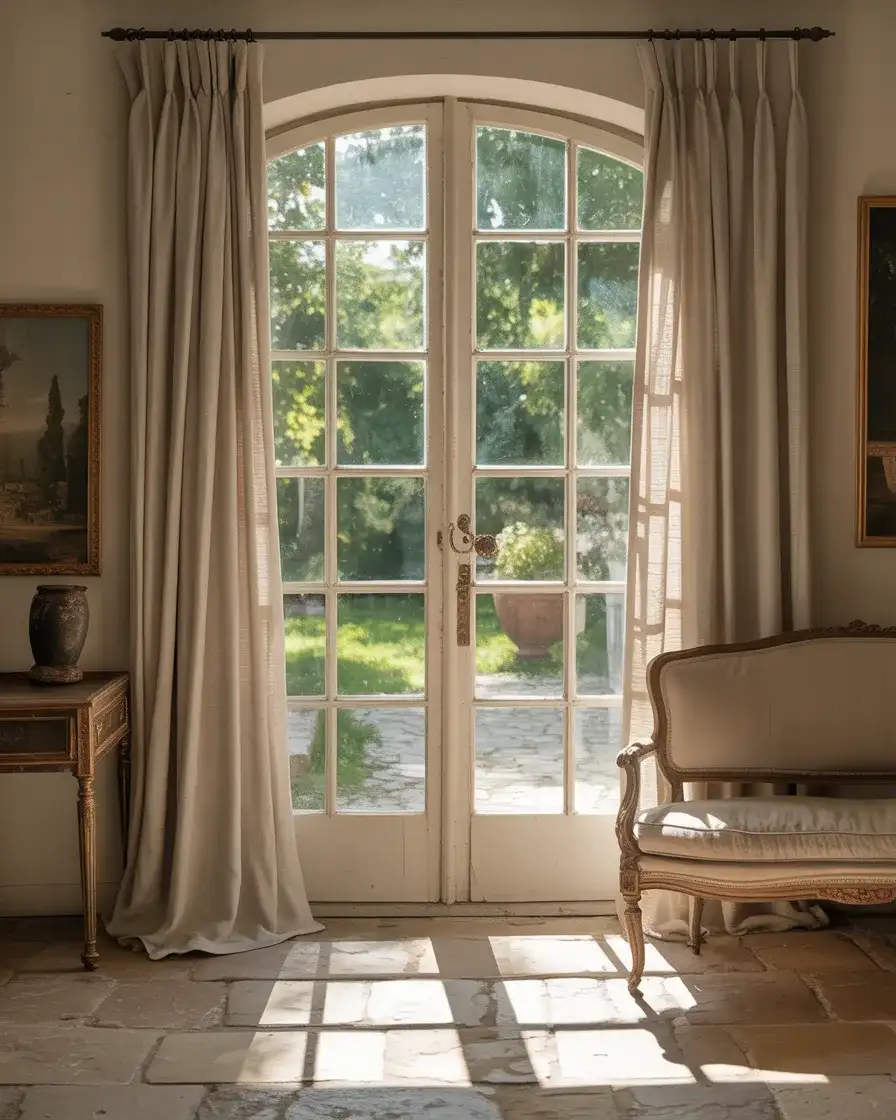 Traditional French Doors with Flowing Curtains 1