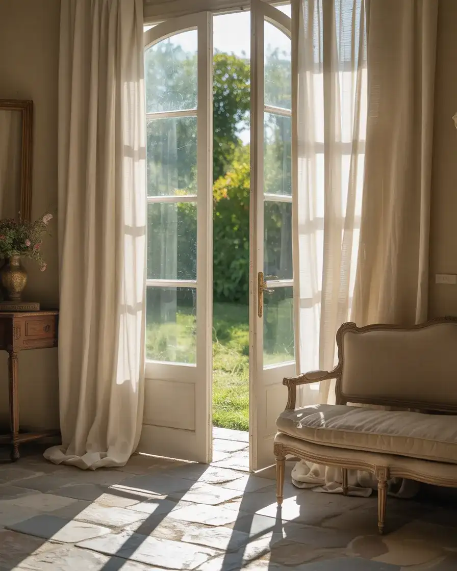 Traditional French Doors with Flowing Curtains 2