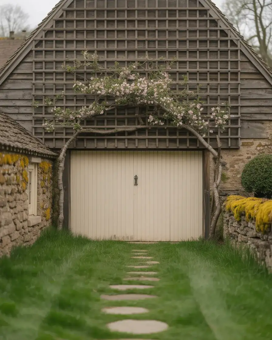 Trellis Over Garage Door with Espaliered Plants 1