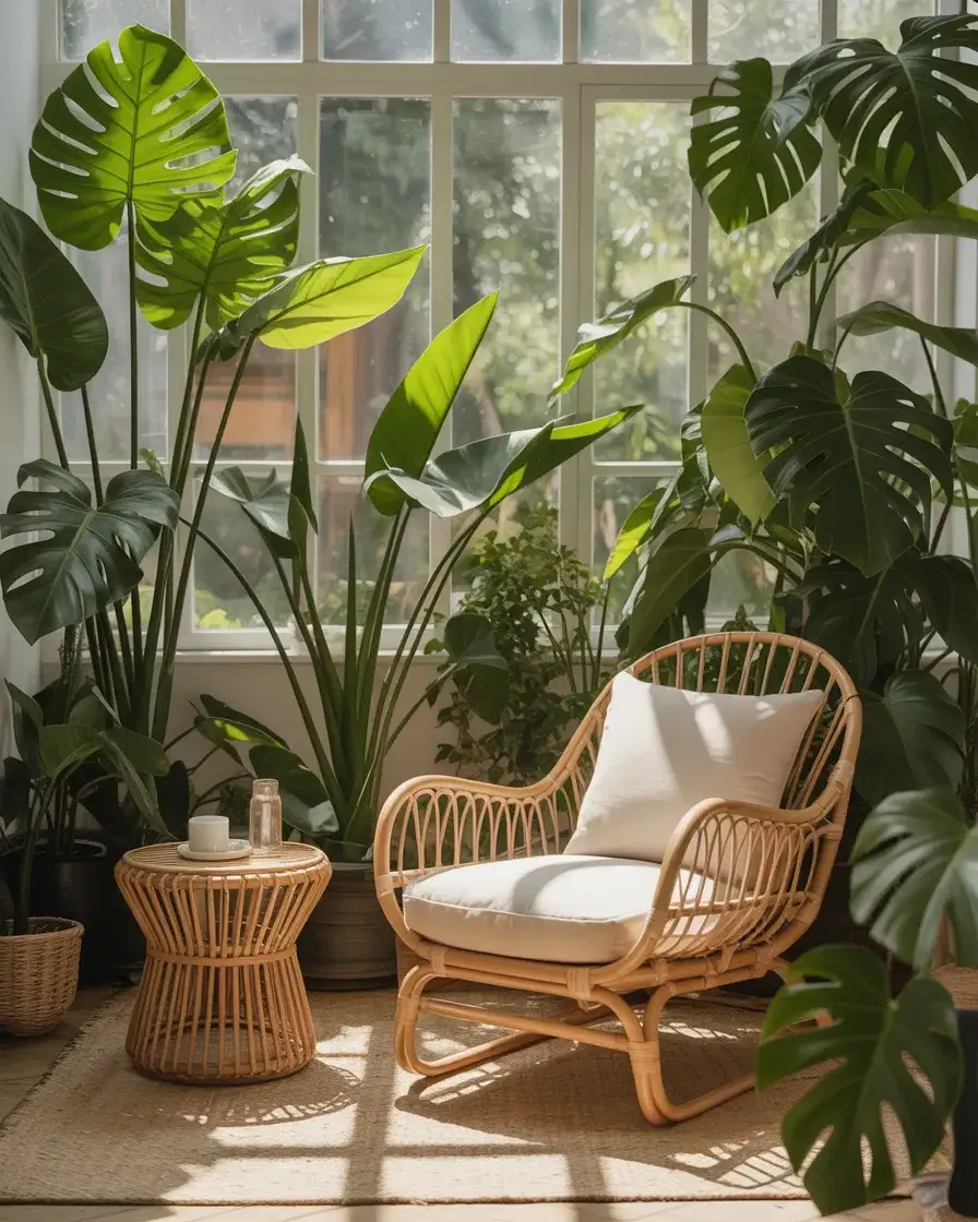 Tropical Indoor Oasis with Broad-Leaf Plants 1