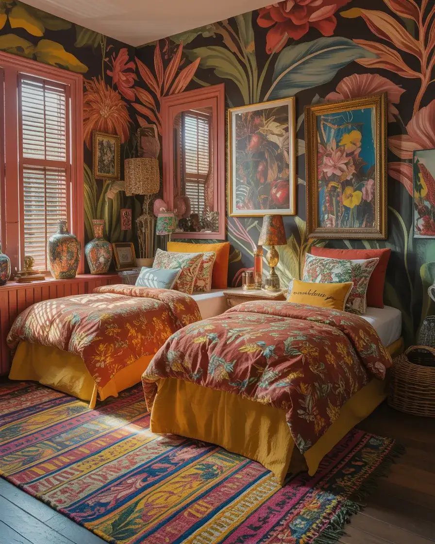 Twin Bedroom With Maximalist Color and Pattern 1