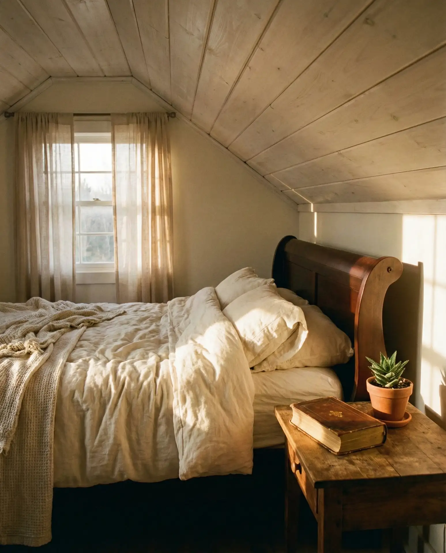 Warm Wood and White Linen Under the Eaves 1