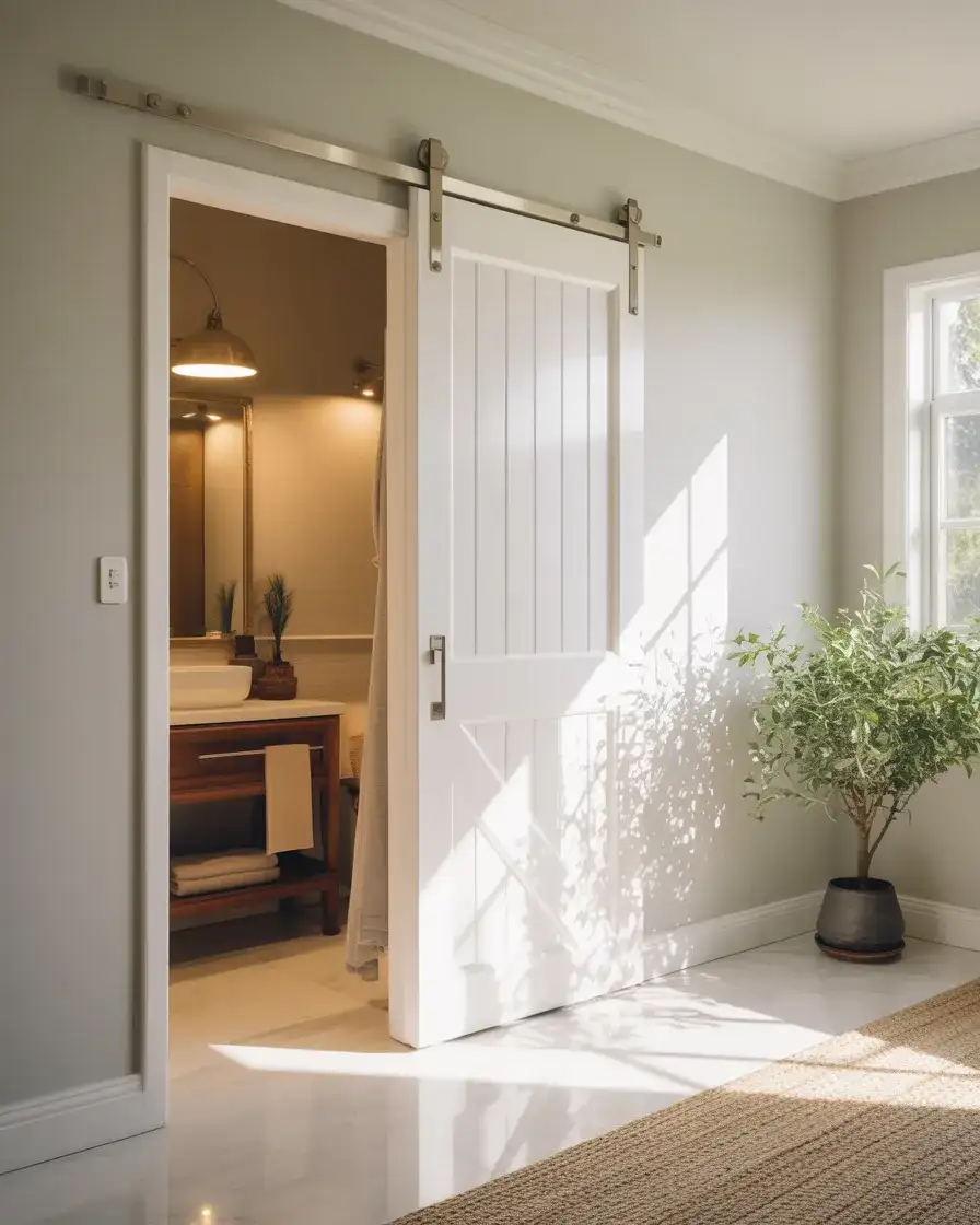 White Barn Door for a Bright Bathroom Entrance 1