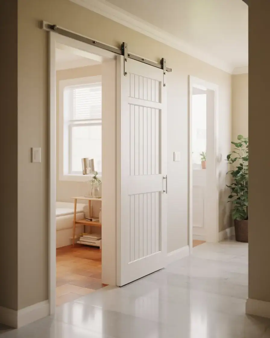White Barn Door for a Bright Bathroom Entrance 2