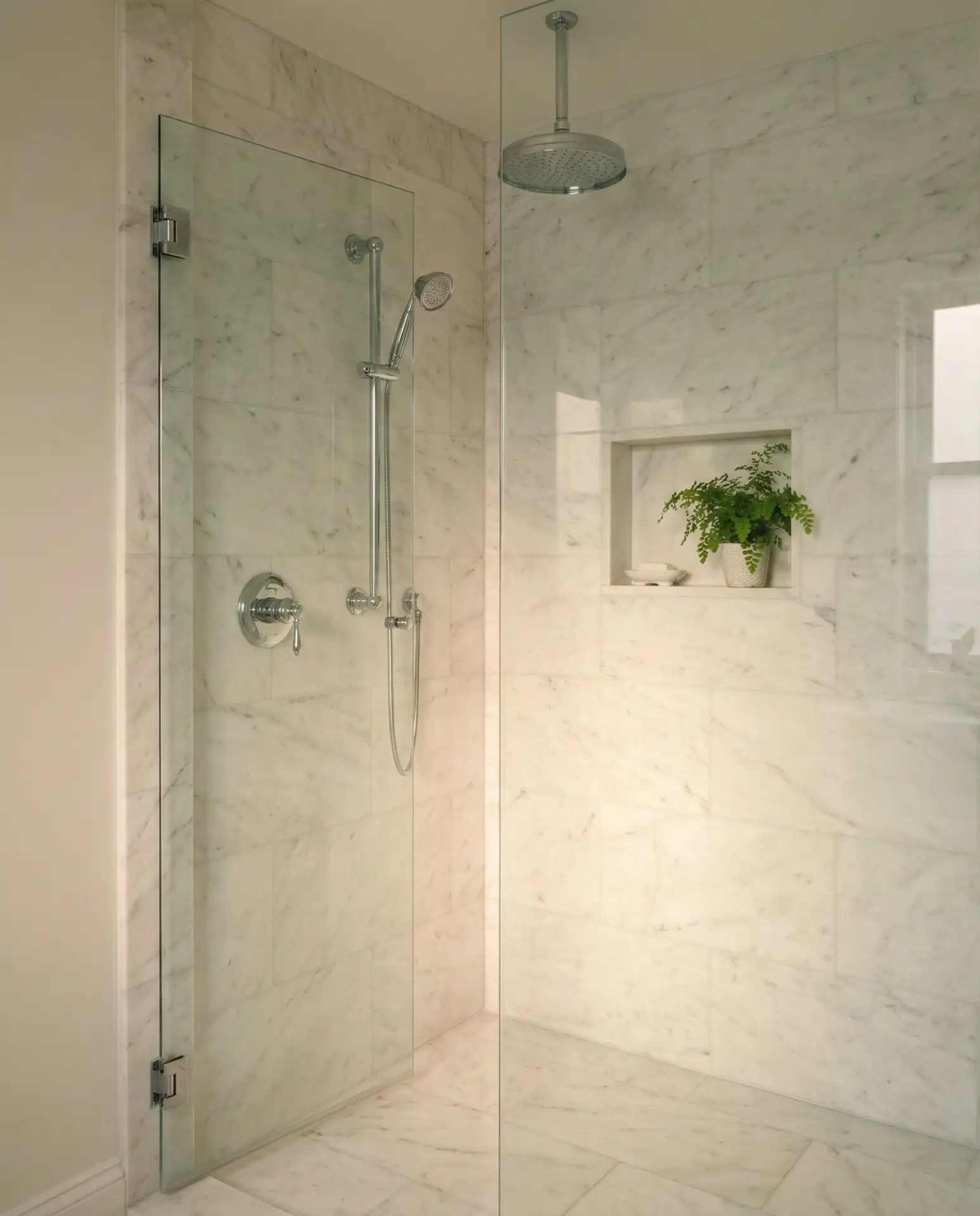 White Stone Corner Shower with Polished Details 2