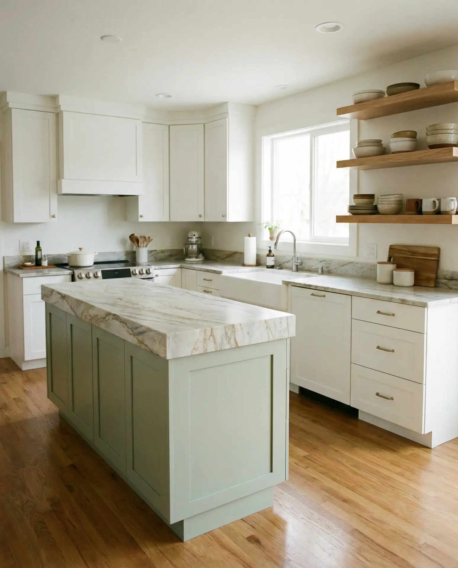 White and Green Kitchen with Natural Stone 1