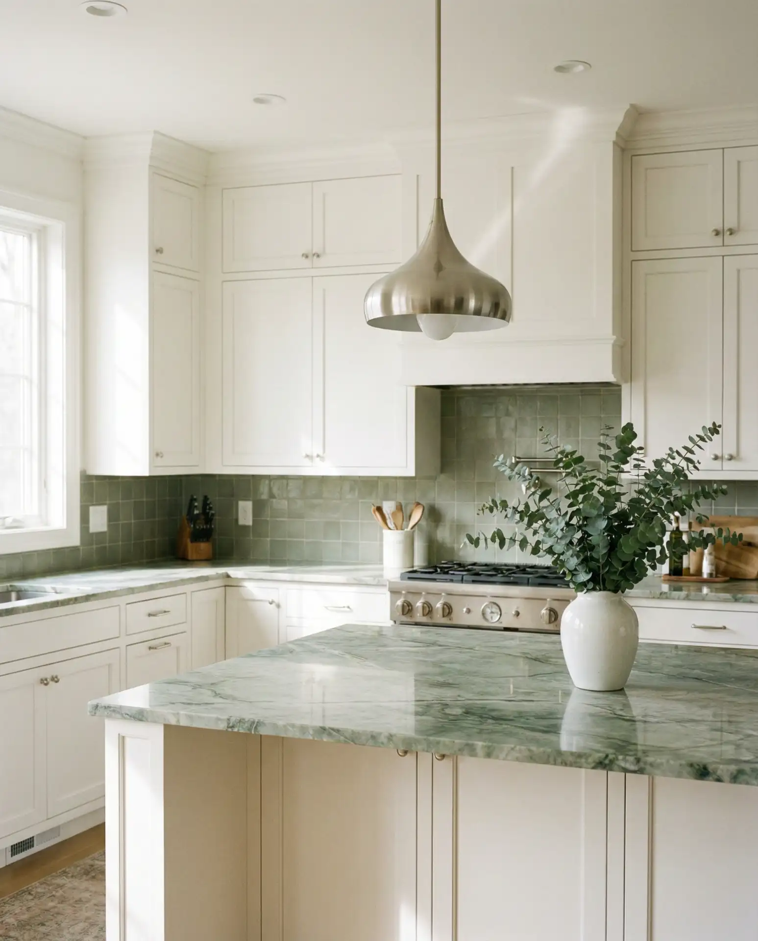 White and Green Kitchen with Natural Stone 2