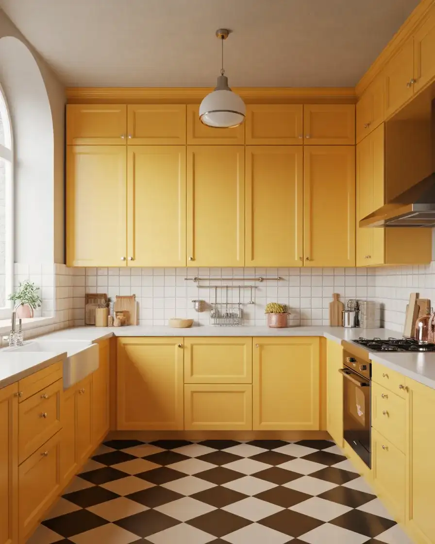 Yellow Kitchen With Black and White Checkered Floor 1