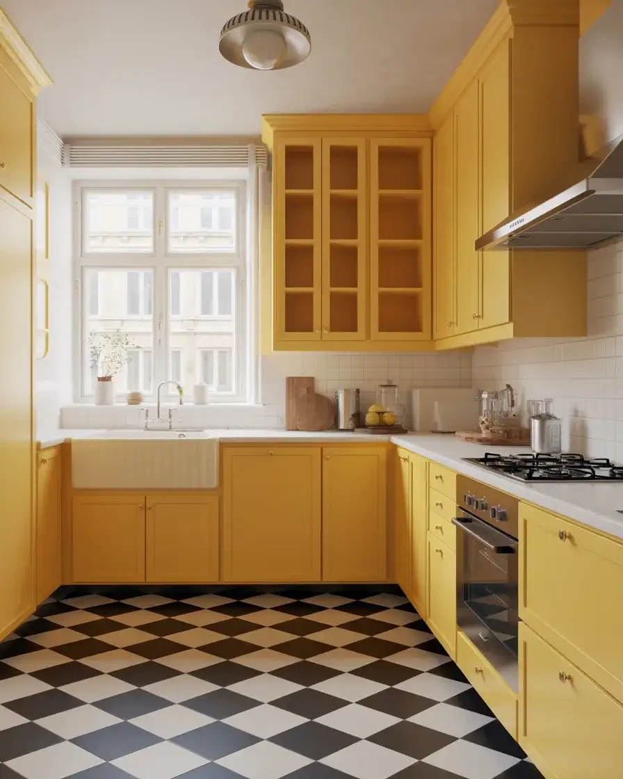 Yellow Kitchen With Black and White Checkered Floor 2