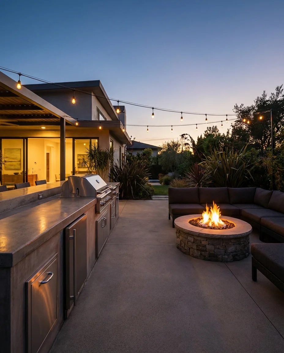 Backyard Fire Pit with Outdoor Kitchen Integration 2
