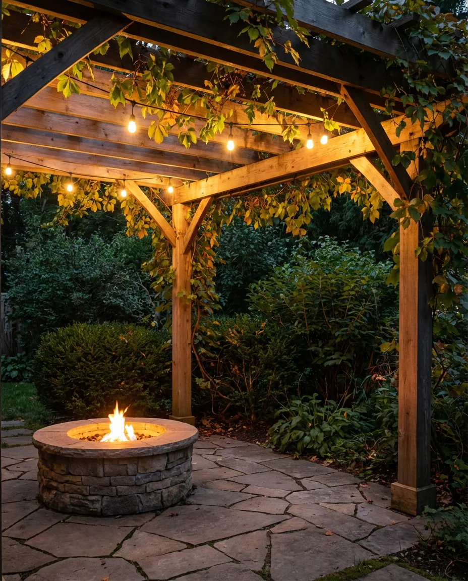 Backyard Fire Pit with Pergola and Climbing Vines 2
