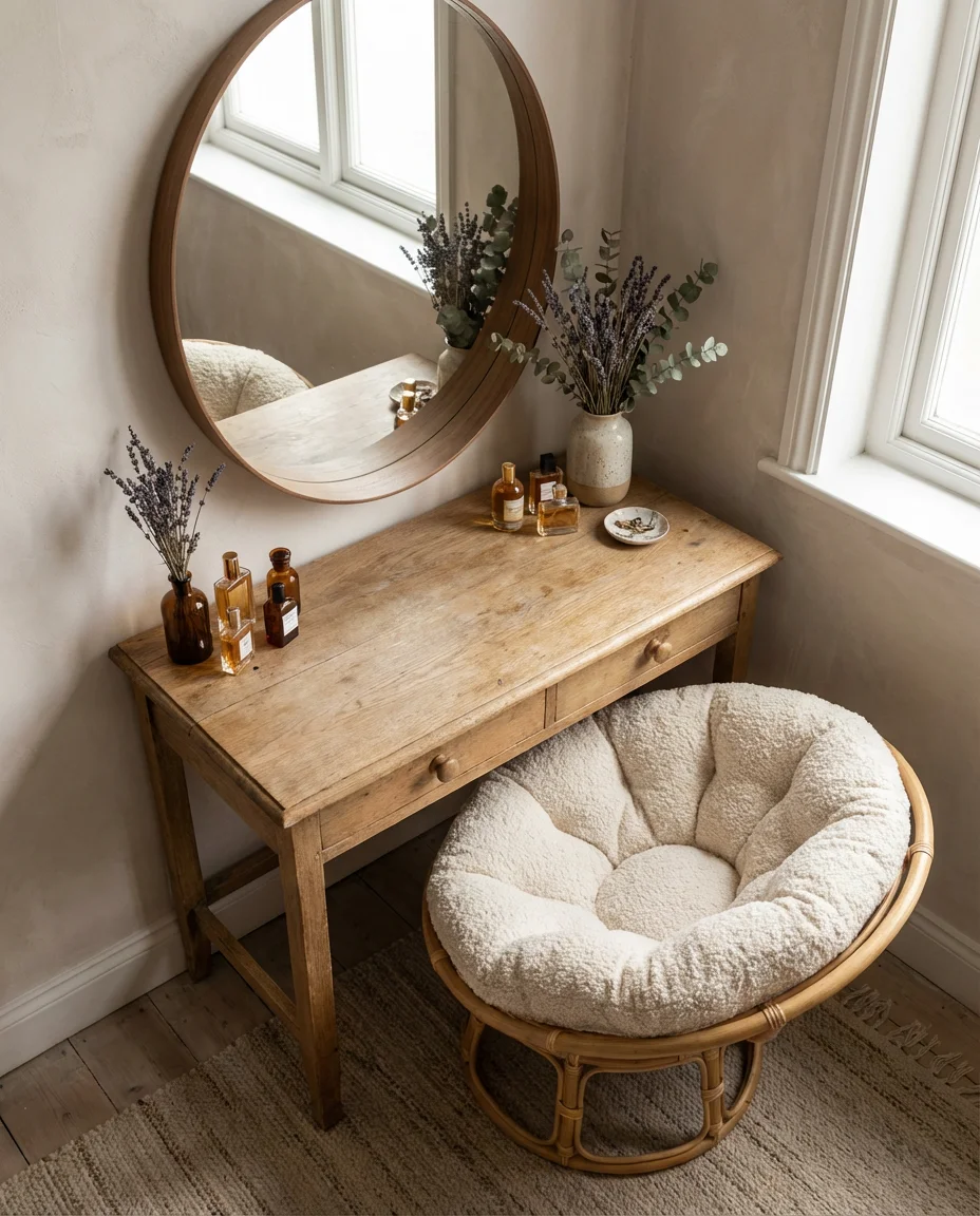 Bedroom Ideas That Use a Papasan as a Vanity Chair Alternative 2